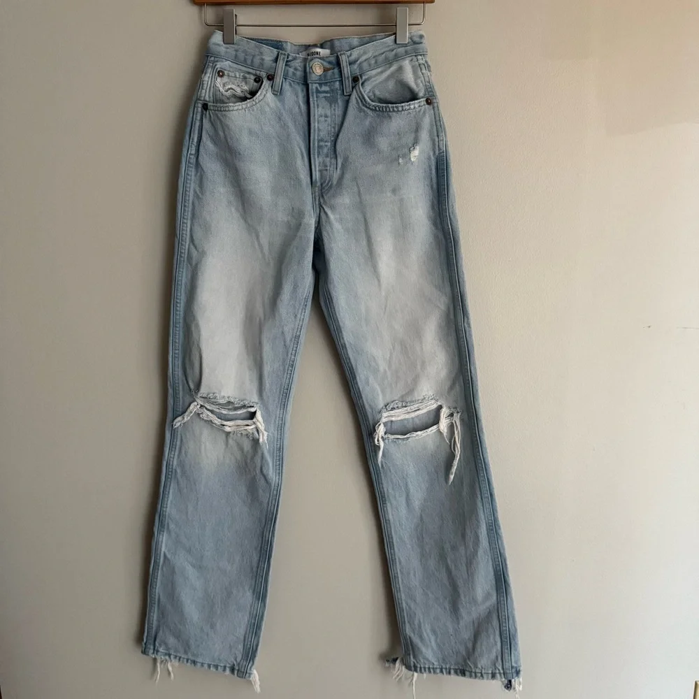 Re/Done Light Wash Distressed Straight-Leg Jeans - Picture 2 of 9